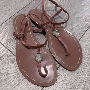 Lauren Ralph Lauren Thong Sandals‎ Womens 6.5 Brown Leather Logo Medallion Flat